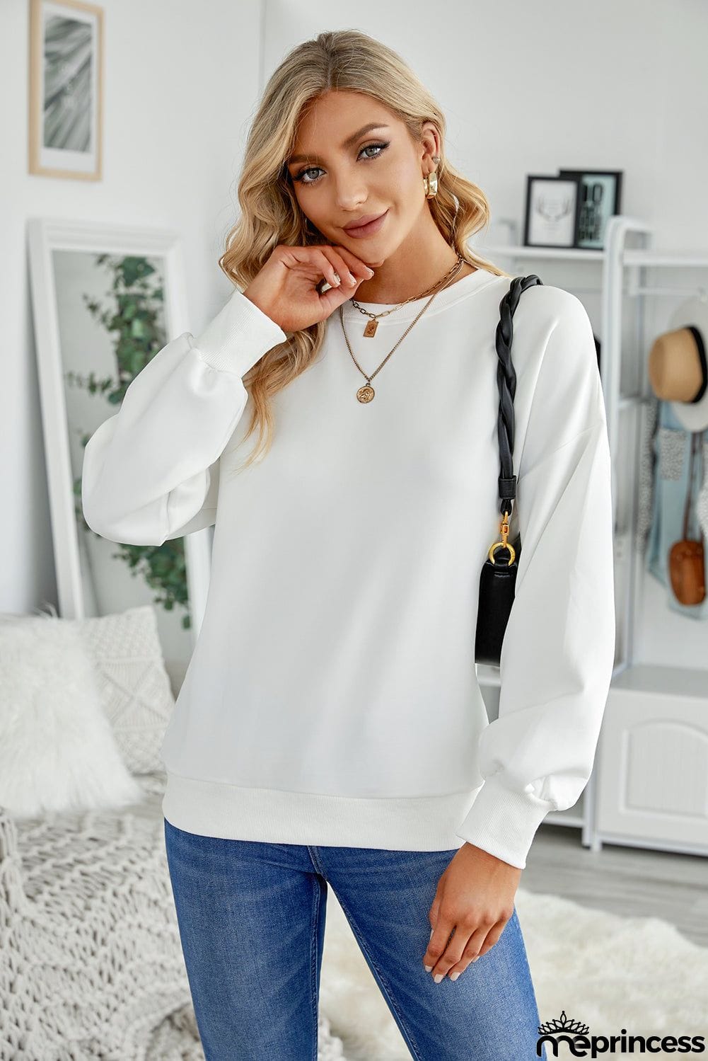 Plain Drop-shoulder Pullover Sweatshirt /Black/Green