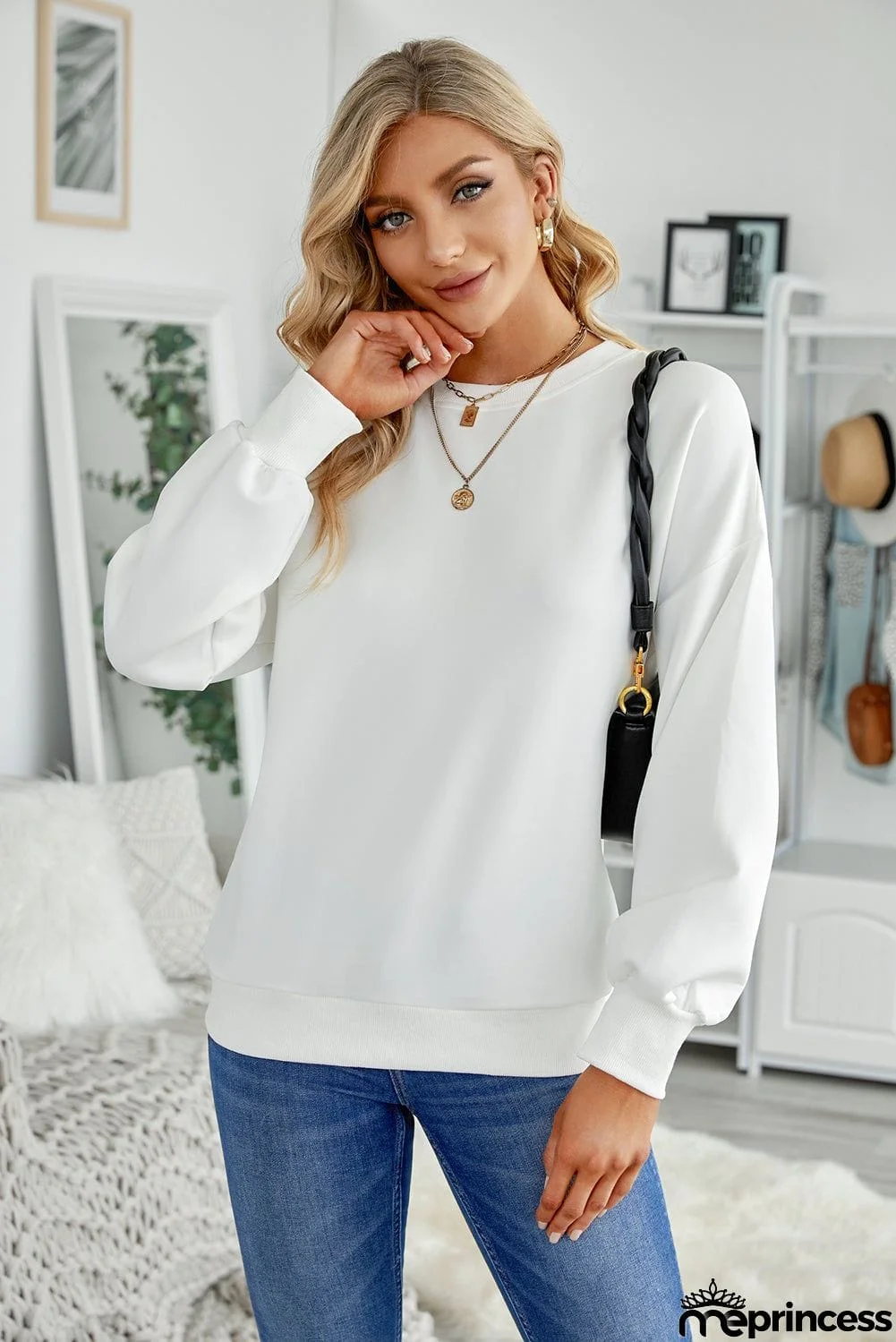 Plain Drop-shoulder Pullover Sweatshirt /Black/Green