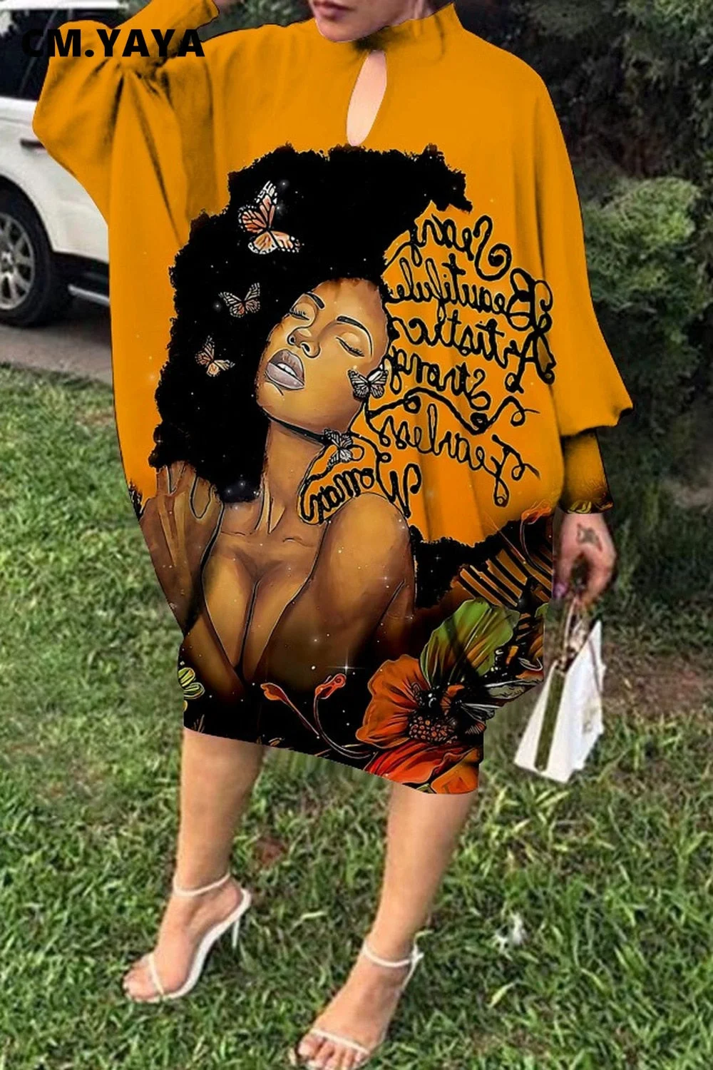 CM.YAYA Curve Plus Size Women Character Print Batwing Long Sleeve Loose Shirt Style Dress