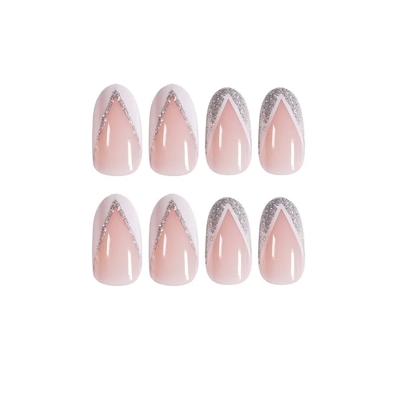 Press on nails  24pcs/box fake nails french manicure oval head white and silver rim design artificial nails with glue for girls-Nail Inspo
