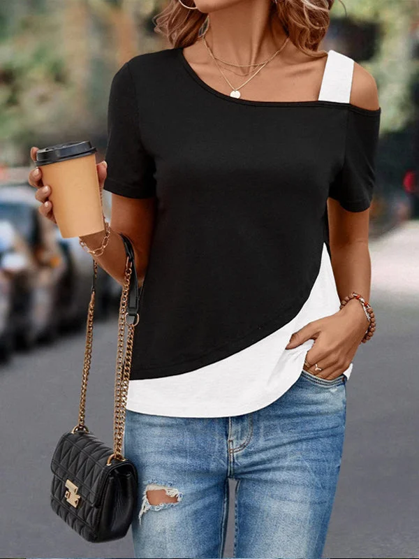 Women's color contrast stitching T-shirt two-color asymmetrical neckline short-sleeved top