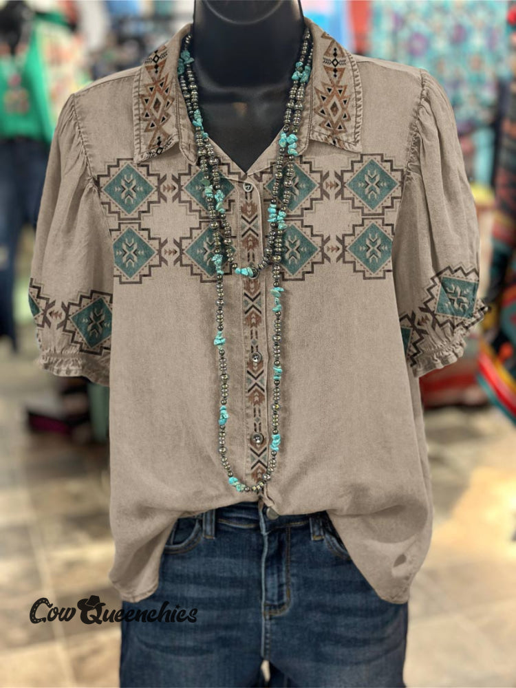 Women’s Vintage Ethnic Print Casual Cotton Shirt Multicolor / S