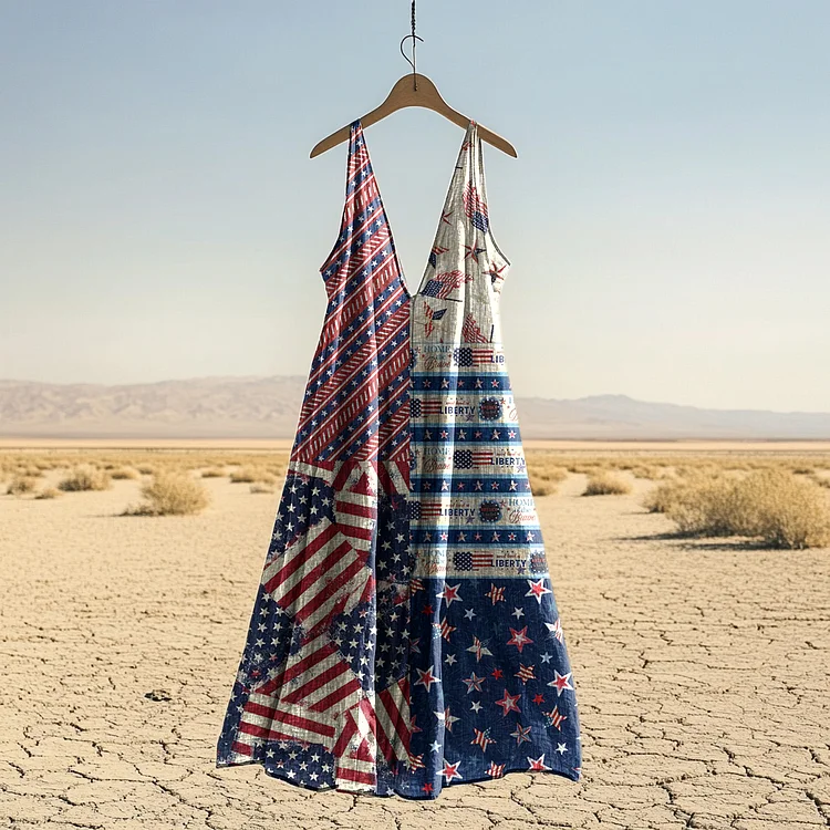 Women's Vintage Independence Day Flag Print V-neck Dress