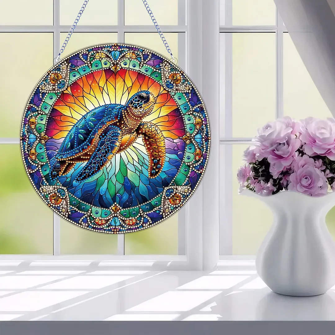 2D Flat DIY Stained Glass Turtle Suncatcher Diamond Painting Art Pendant