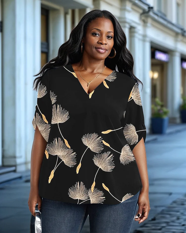 Women's Plus Size Floral Print V-neck Three-Quarter Sleeve Blouse