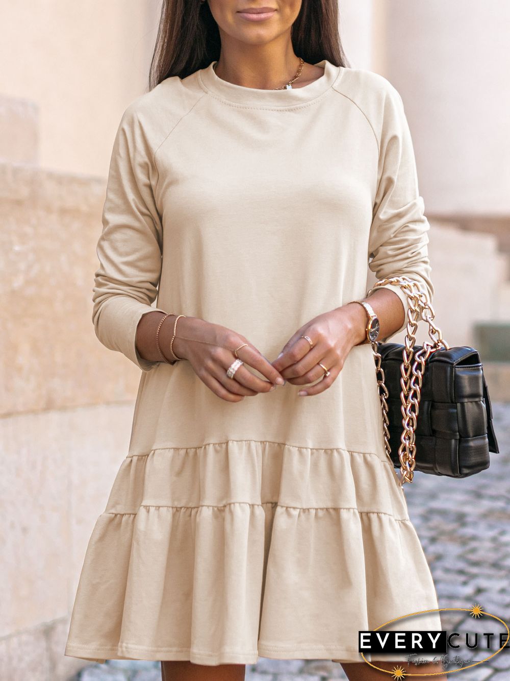 Long Sleeve Loose Round Neck Ruffled Dress At Home