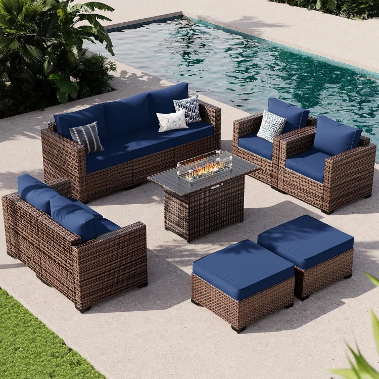 Patio Furniture Set with 44" Fire Pit Table, 7 Pieces Outdoor Furniture Sets, Wicker Rattan Patio Conversation Sets with Ottoman and Waterproof Covers for Porch Deck Backyard