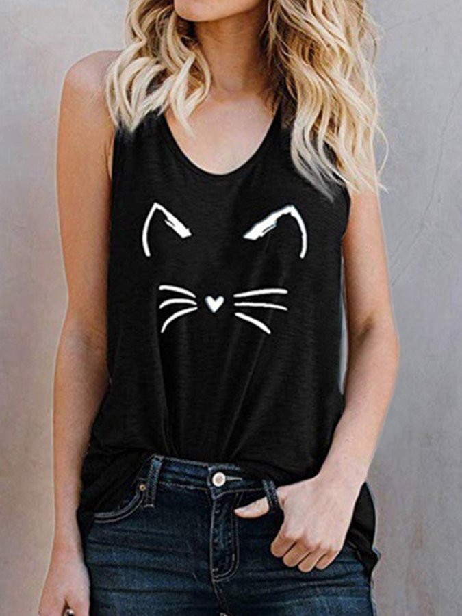 Women's cat print crew neck vest