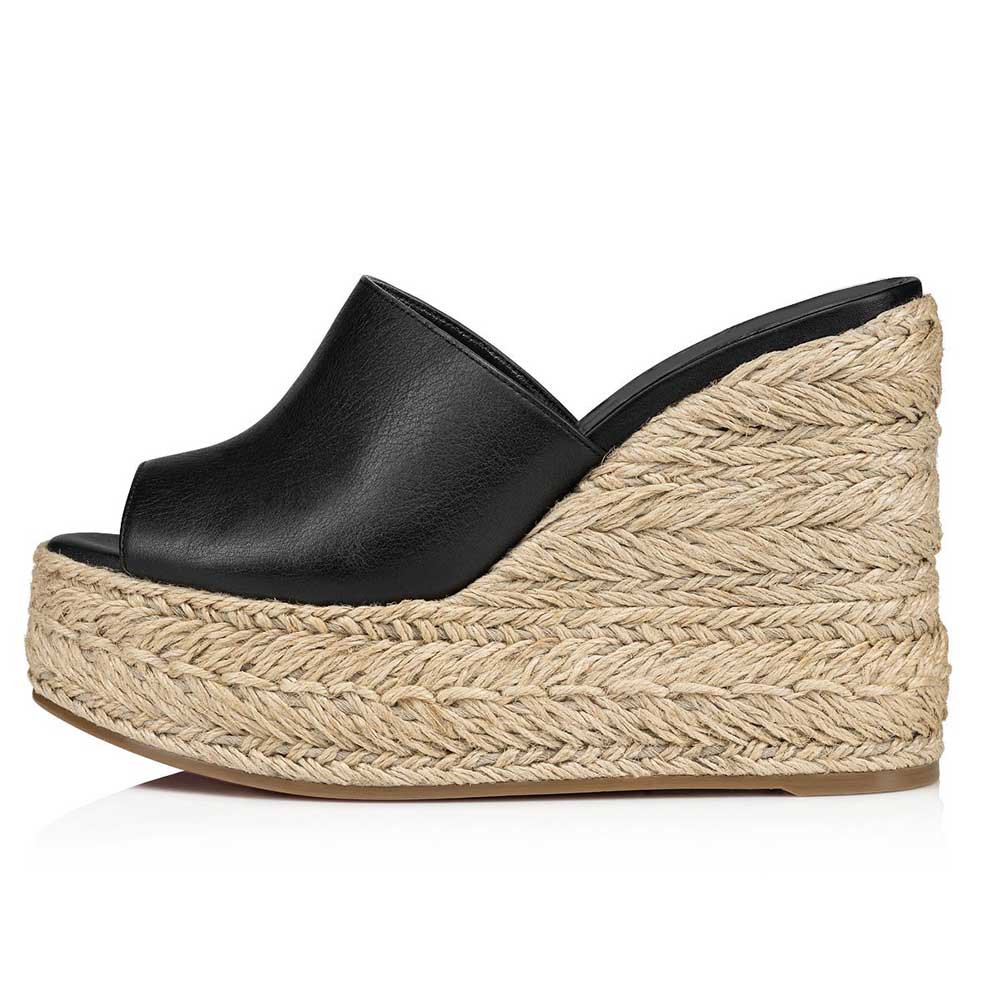 Black Vegan Leather Peep Toe 5'' Wedge Heel Bold Platform Mules Nicepairs