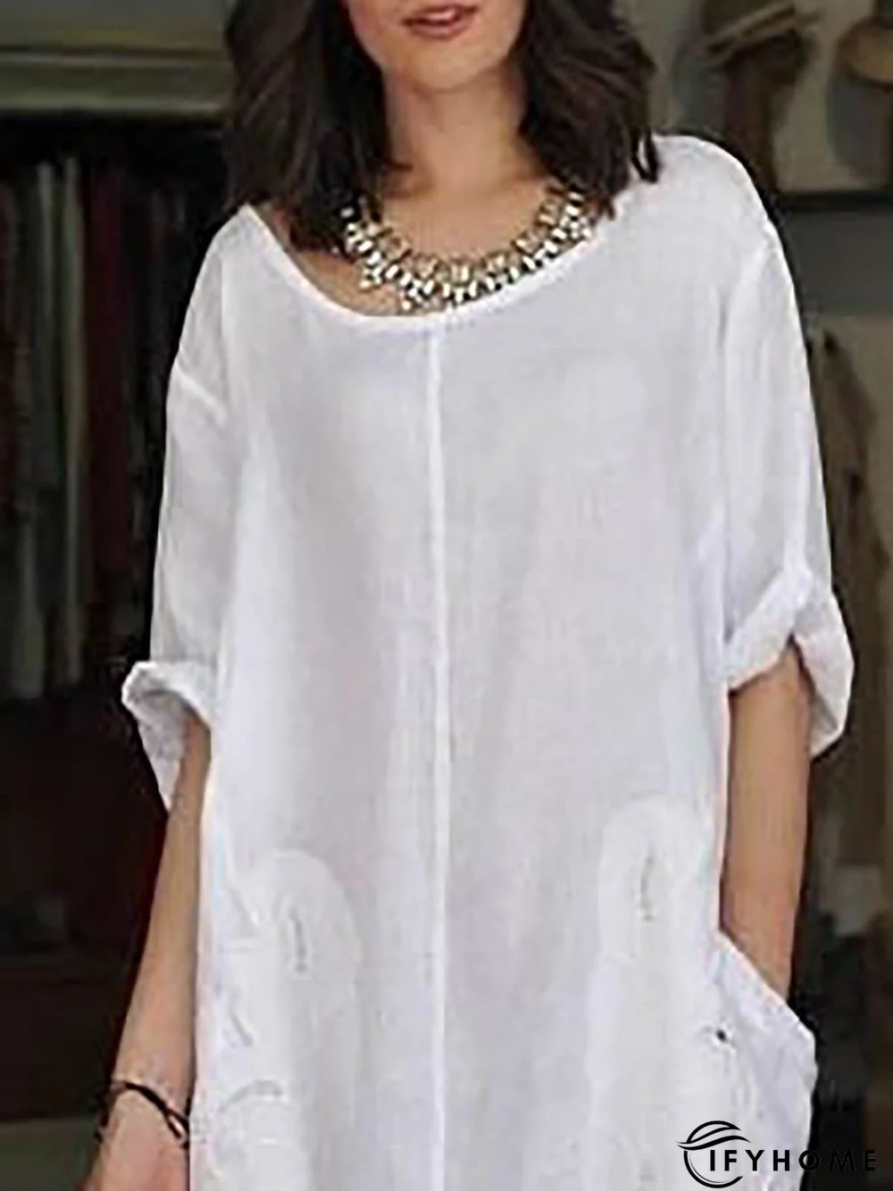Casual White Shift 3/4 Sleeve Crew Neck Solid Dress | IFYHOME