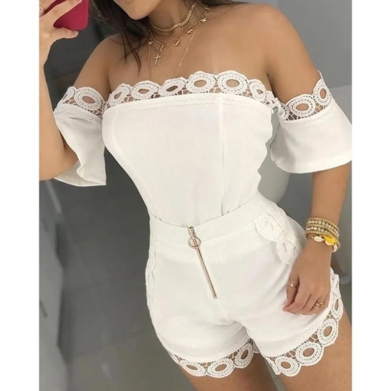 Lace Floral Sexy Women Playsuit Jumpsuit Hot Summer Slash Neck Short Sleeve Bodycon Romper Chic Party Outfits Clothes Set