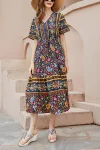 Plus Size Boho Ditsy Floral Print V Neck Tunic Midi Dress