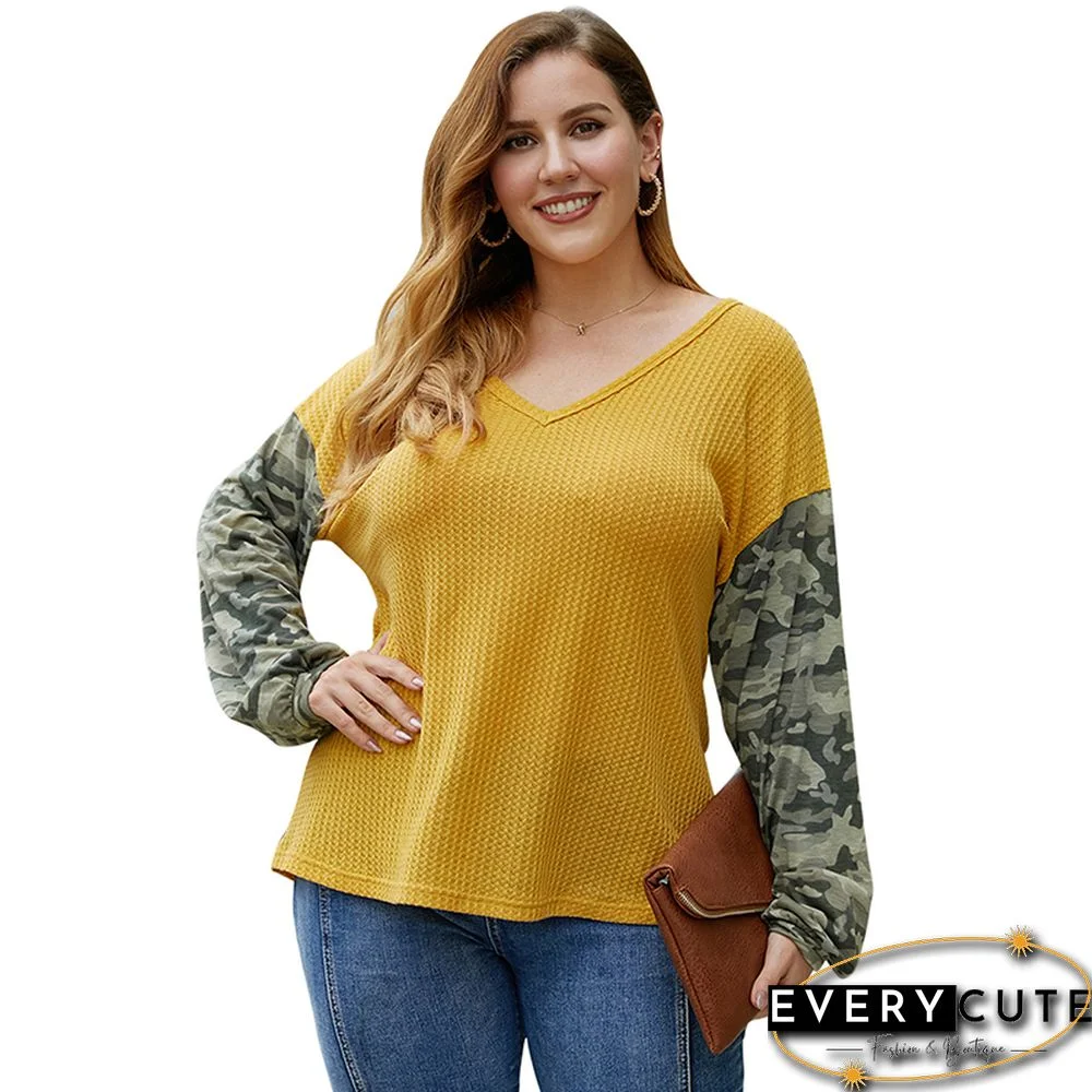 Yellow Splice Camo Print Long Sleeve Plus Size Tops