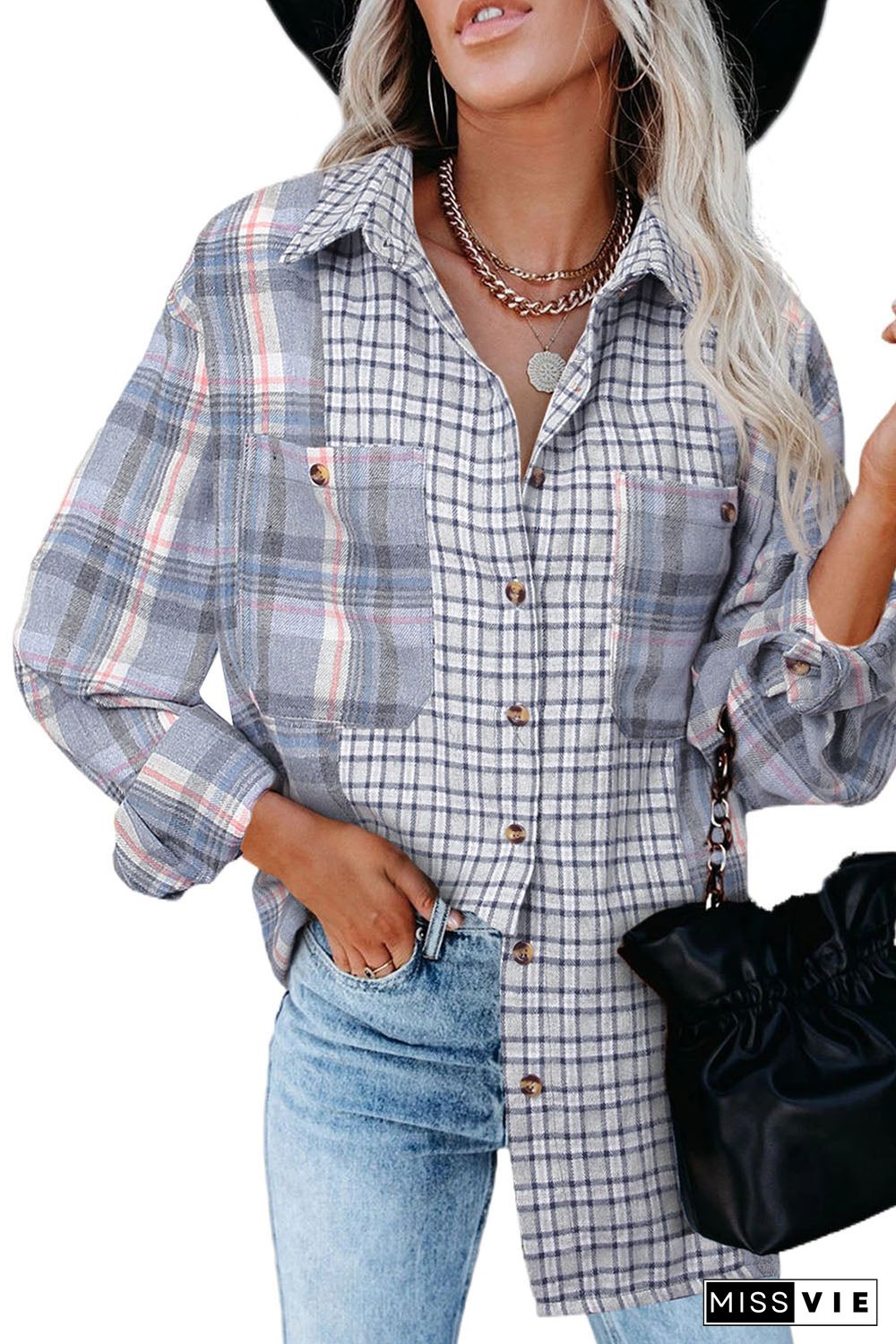 Plaid Color Block Pocket Button-up Long Sleeve Shirt