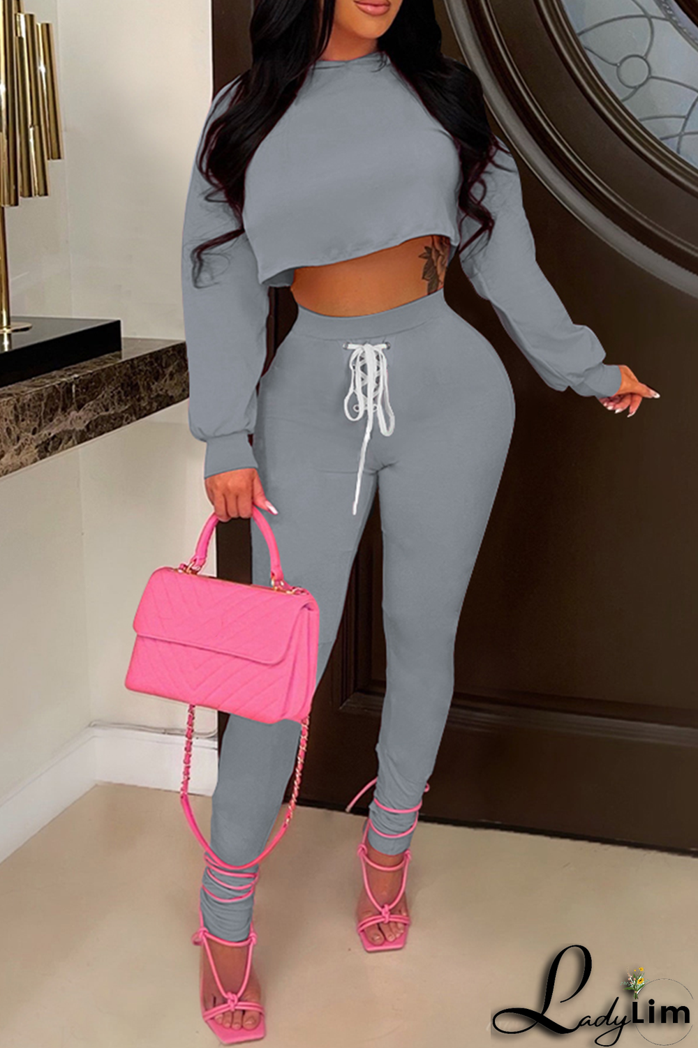 Black Casual Solid Draw String O Neck Long Sleeve Two Pieces