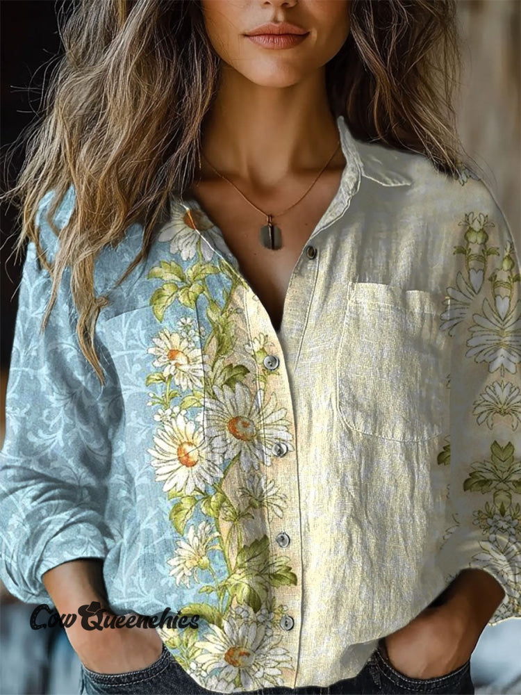 Women’s Retro Floral Print Casual Long Sleeve Comfortable Cotton Shirt Multicolor / S