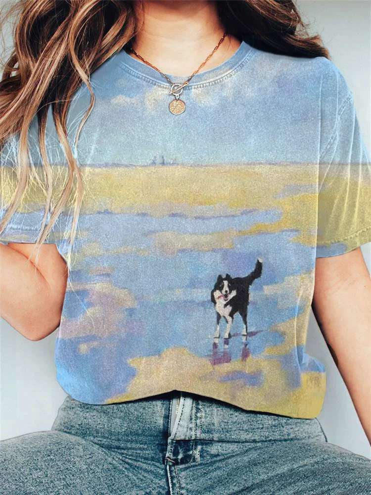Women's Casual Collie Oil Painting Printing T-shirt