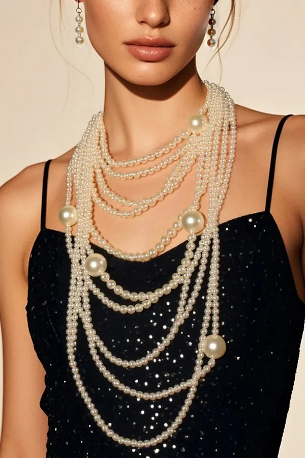 Fashionable Multi-layered Necklace with Diamond and Pearl Flowers