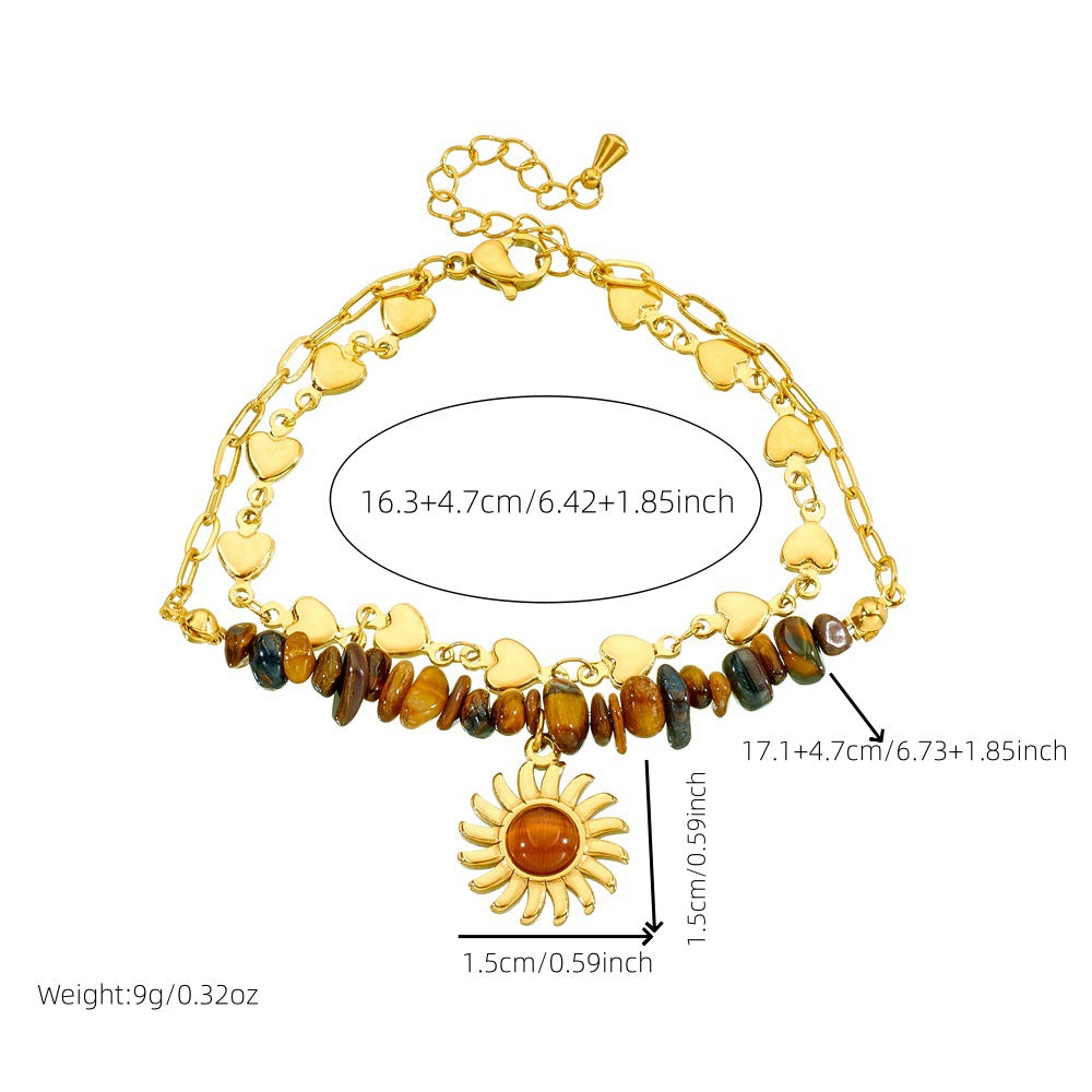 Retro Fashion Double Layered Tiger Eye Stone Beaded Love Chain Stainless Steel Sun Pendant Bracelet