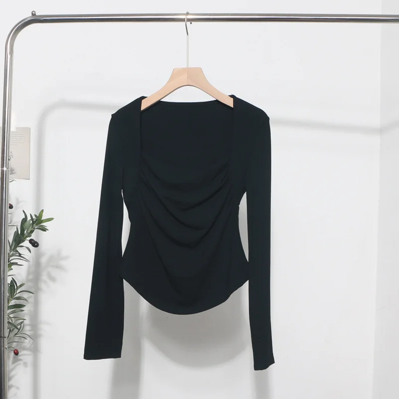 Brownm French Style Long-Sleeved T-Shirt Girl Autumn And Winter Collar Folded Folded Body Inside The Bottom Shirt Top 1665