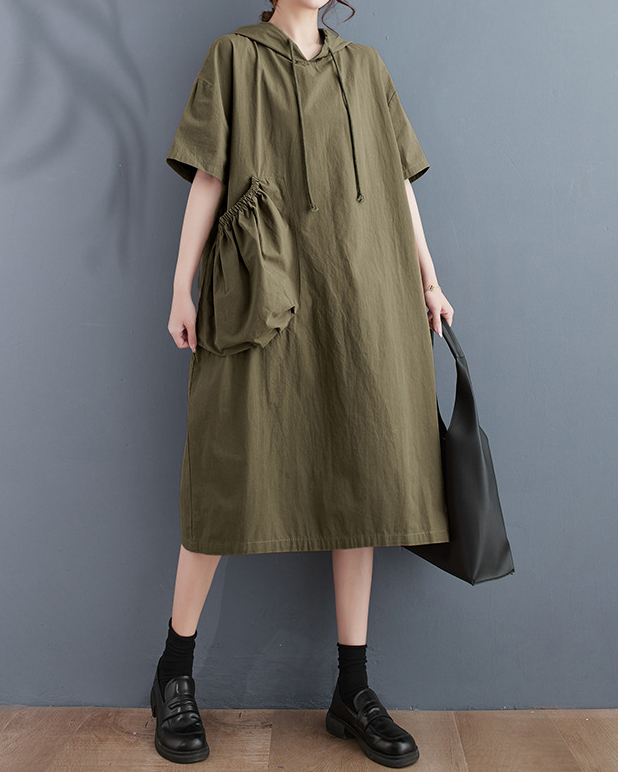 Short Sleeve Ruched Pockets Loose Hooded Dress