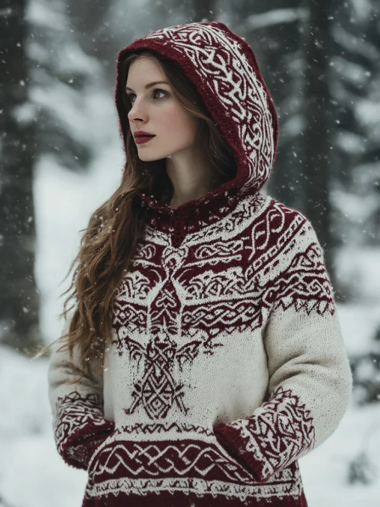 VChics Women's Vintage Viking Valentine's Day Love Jacquard Hooded Sweater