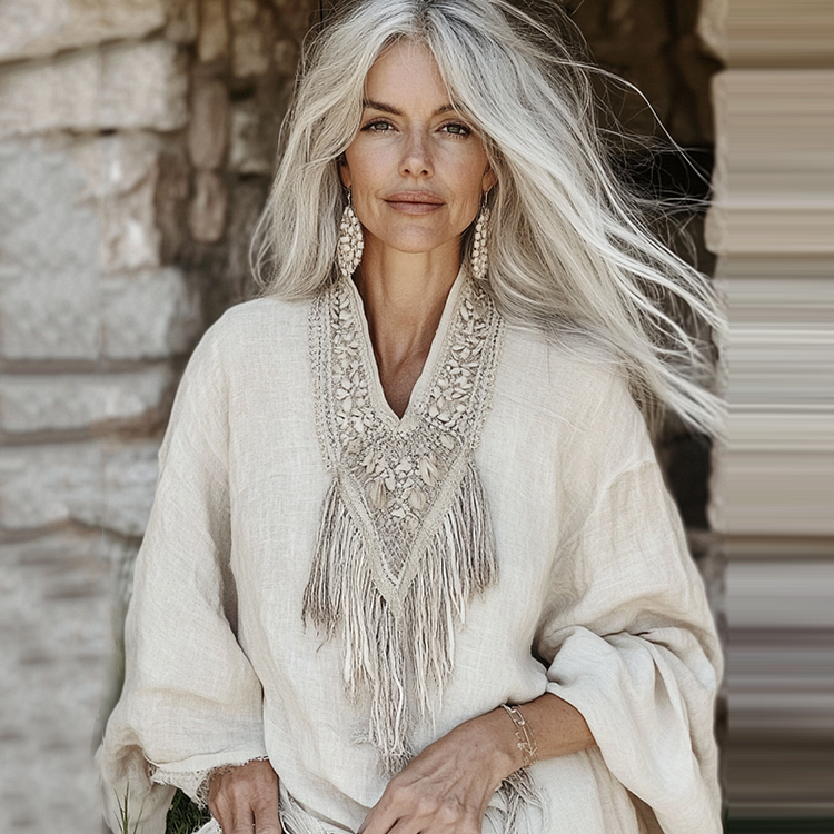Vintage Fringe Art Cotton Linen Long Sleeve Shirt