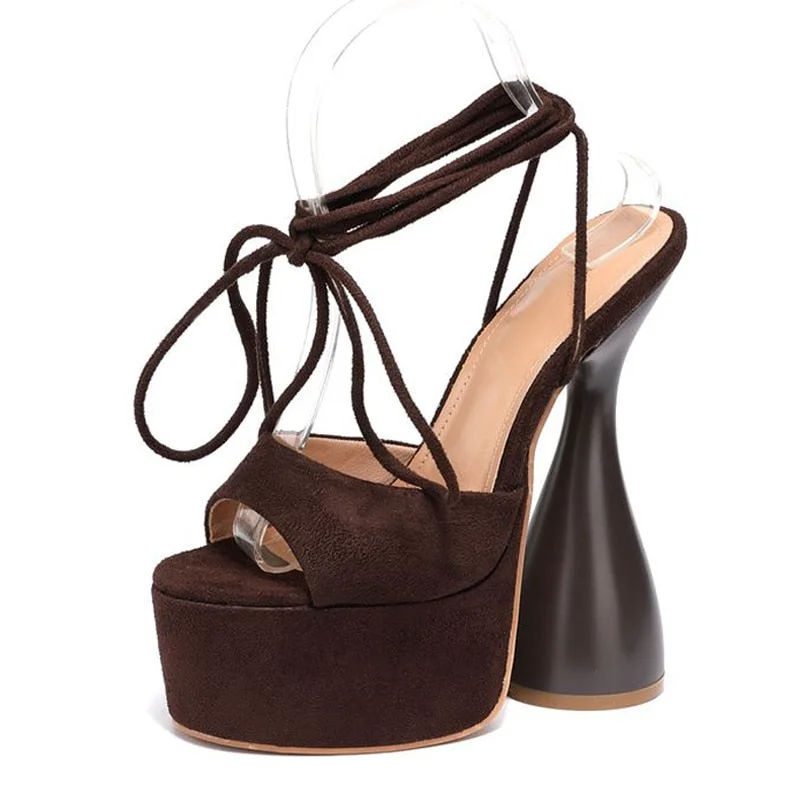 Women Platform Sandals Fashion Snake Print PU Leather Big Fish Peep Toe Ankle Strap Lace-Up Strange High Heels Party Dress Shoes