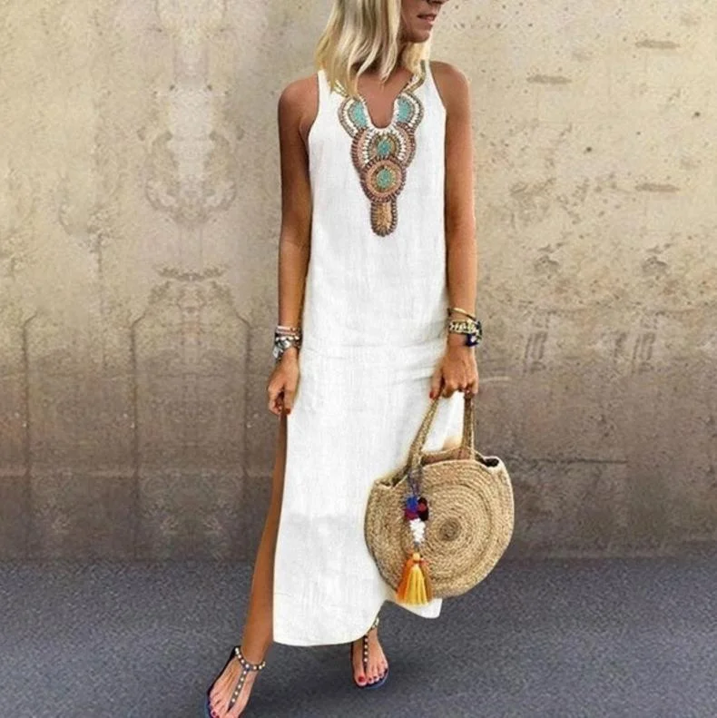 Sexy Side Split V Neck Printed Sleeveless Casual Dresses