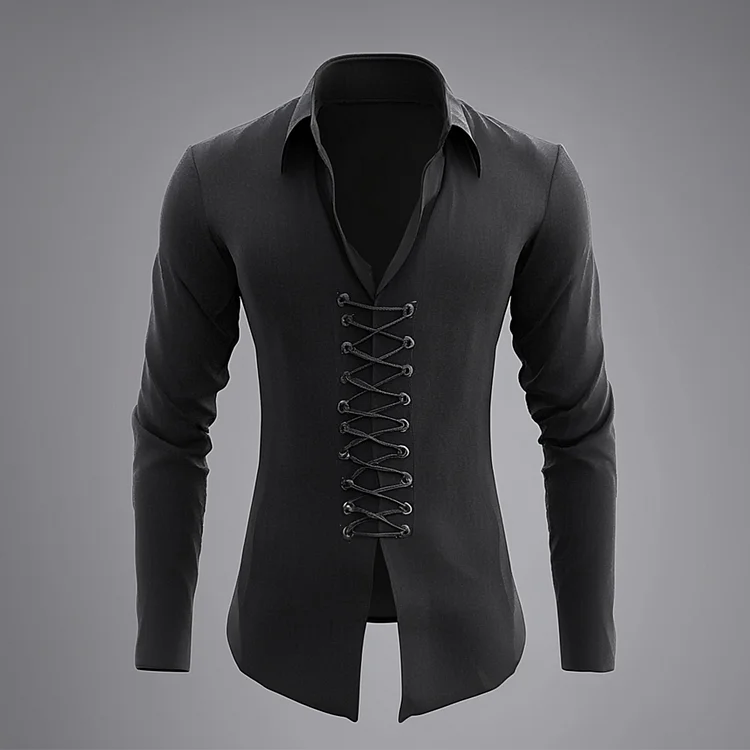Okaywear Solid Strappy Turndown Collar Long Sleeve Shirt 