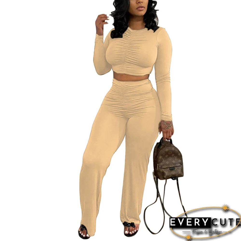 Apricot Pleated Long Sleeve Top with Pant Set