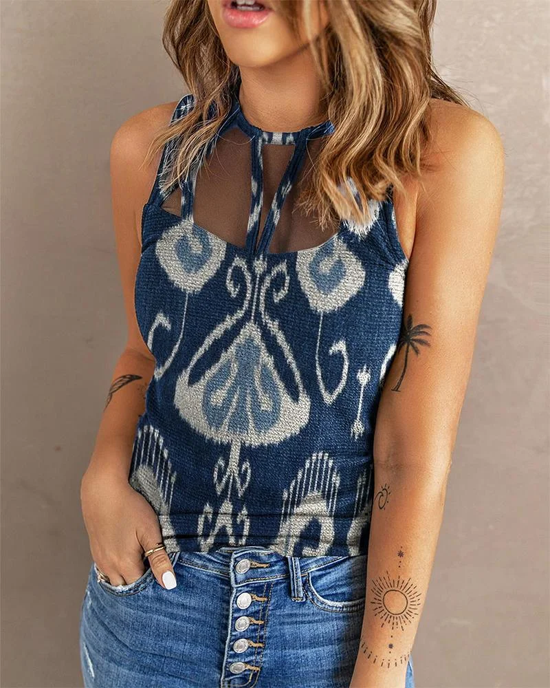 Women's Sleeveless Printed Cutout Tank Top