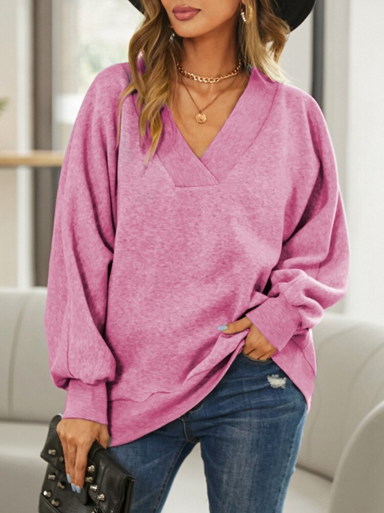 Solid Color V-neck Loose Long Sleeve Sweatshirt For Women