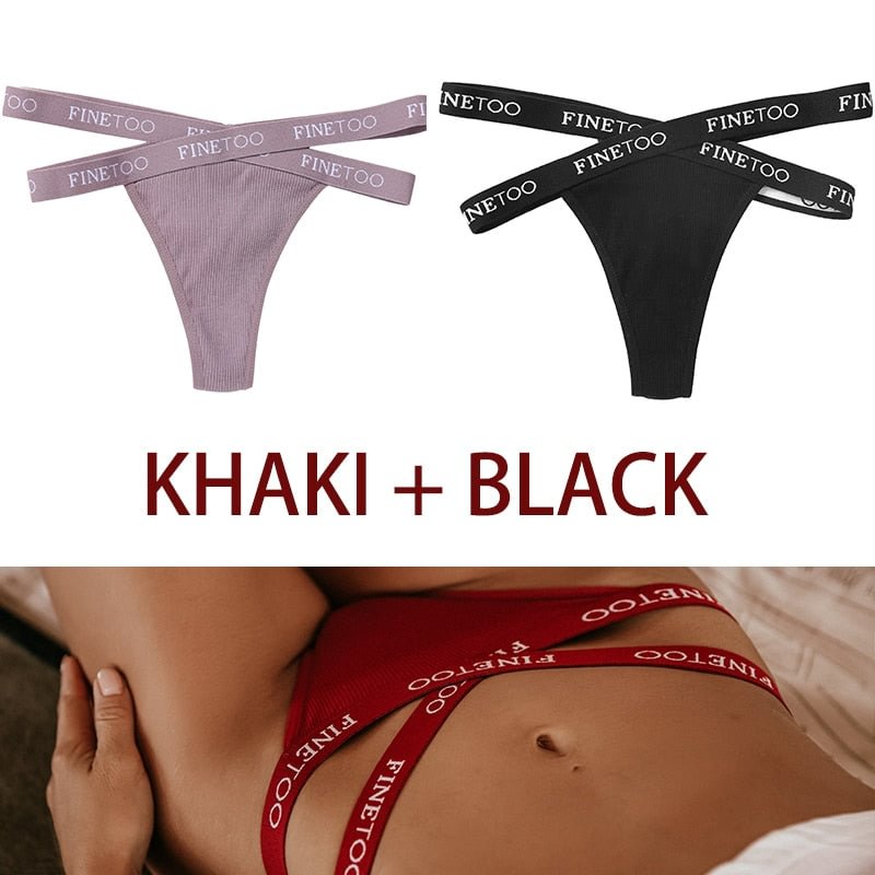 FINETOO 2PCS/Set Women's Cotton G-string Sexy Cross Strap Panties Letter Waisted Underwear Thongs Femme Hollow Out Lady Briefs