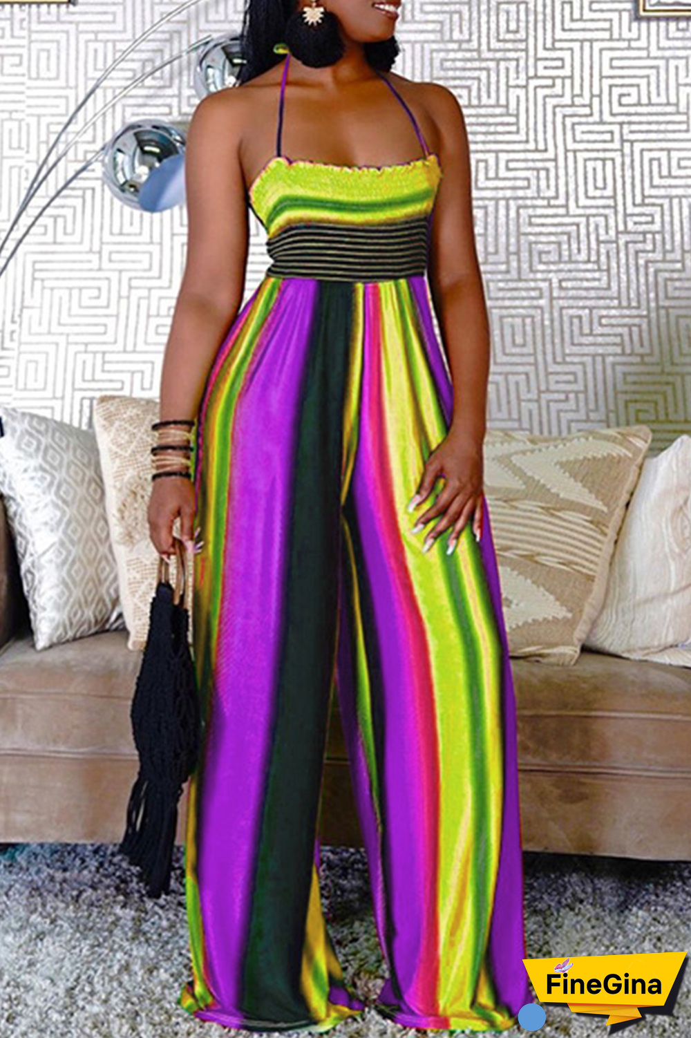 Pink Street Striped Draw String Halter Plus Size Jumpsuits