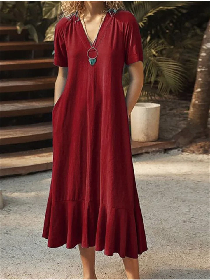 Women's Solid Color V-neck Lace-up Short Sleeve A-line Long Dress Red Blue Black Dark Brown-Cosfine