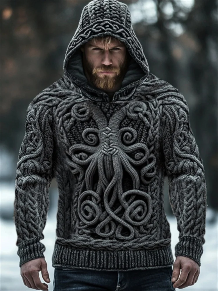 VChics Men's Vintage Cthulu Celtic Cozy Chunky Hooded Sweater