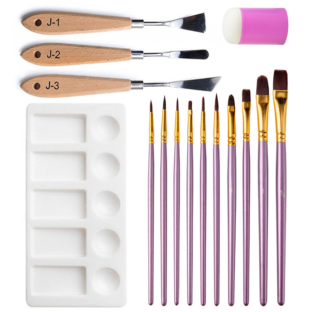 15PCS Paint Brushes Set with 3Palette Knife/Sponge/Tray Oil Painting Accessories