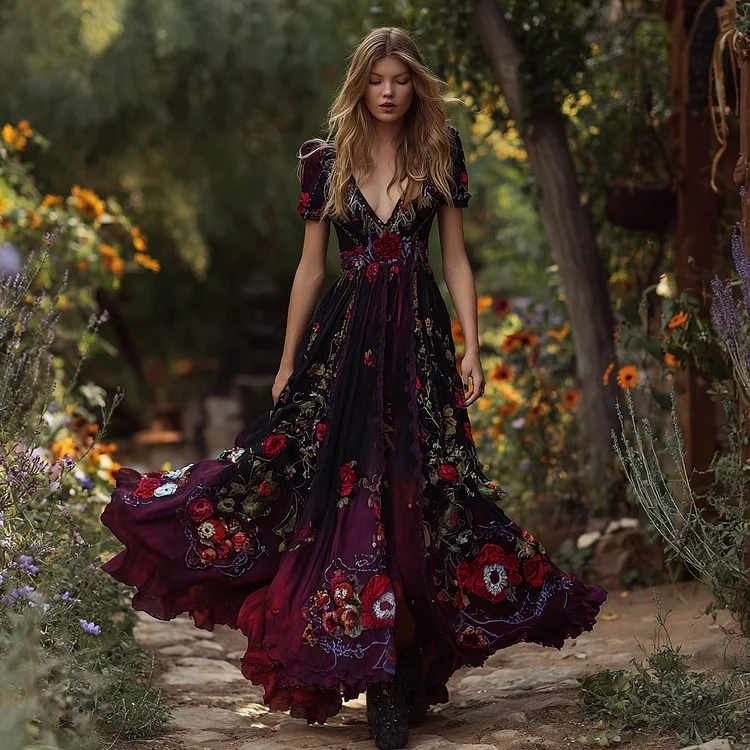 Women's Retro Red Rose Skull Embroidery Pattern Casual Short Sleeve Dress