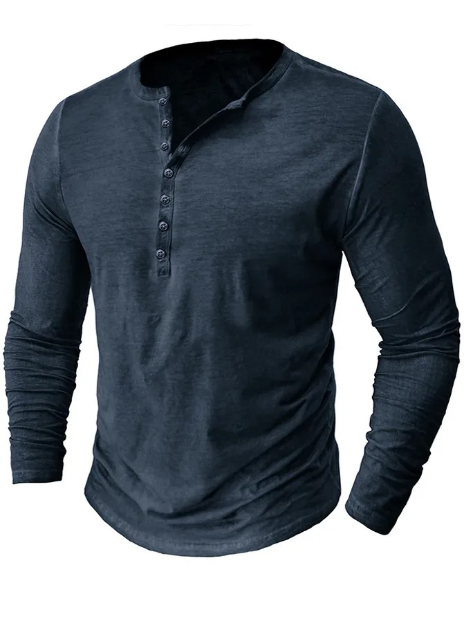 Men's Washed Distressed Cotton V-neck Henley Vintage Long-sleeved T-shirt PLUSCLOTHESMAN