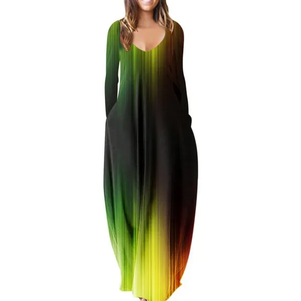 Womens Loose Pocket Boho Vintage Hole Dress Full Long Sleeper Spring Party Beach Maxi Big