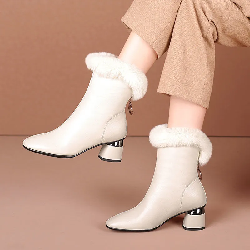 2021 Genuine Leather Women Short Boots,Wool Fur Shoes for Winter,Square Heel,Fashion Female Footware,Mum Faves,Black,BeigeBROWN