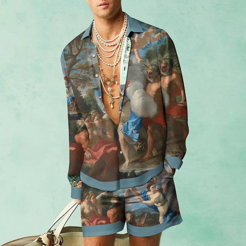 Thoval Fashion 3D Print Two Piece Set Men Long Sleeve Lapel Shirts And Shorts Casual Loose Suits Summer Hawaiian Beach Outfits Male