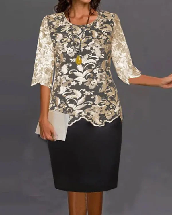 Half Sleeve Printed Crinkle Lace Spring Summer Crewneck Dress