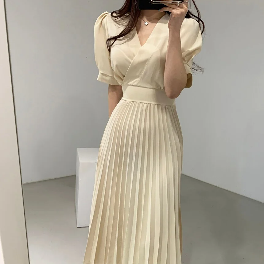 High Quality New Women Summer Clothes Elegant V-Neck Slim Office Lady Casual A-Line Bandge Pleated Dress Vestidos