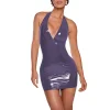 Plus Size Women Beach Party Vocation Halter Dress PVC Leather Deep V-neck Sleeveless Stretch Mini Dress Sexy Wrap Hips  Attire