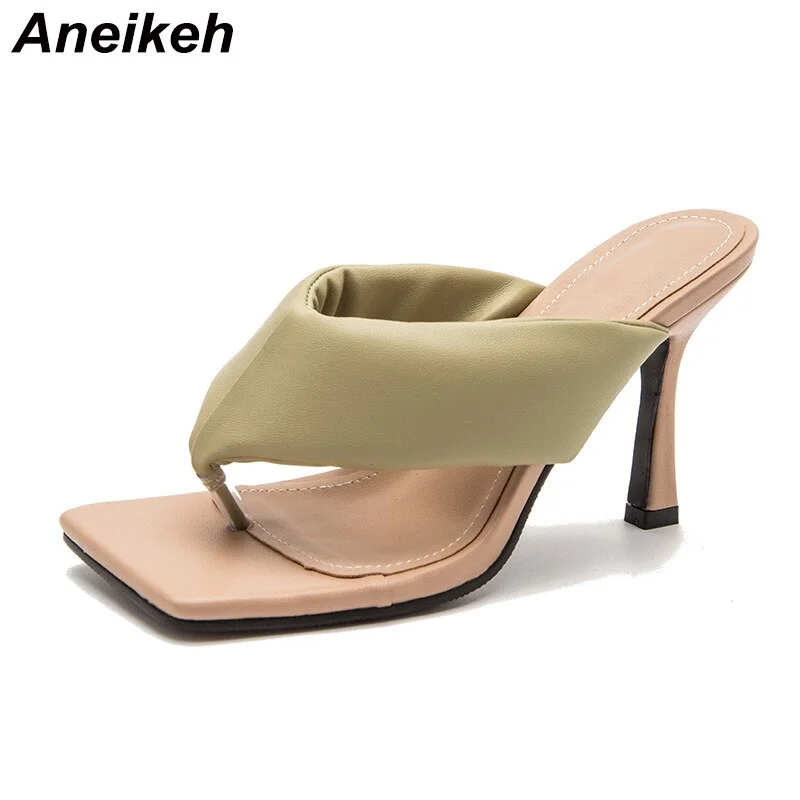 Aneikeh Women Shoes High Heels Fashion PU Classics  2021 NEW Summer FLIP FLOPS Slippers Concise Shallow Solid Outside Rome White