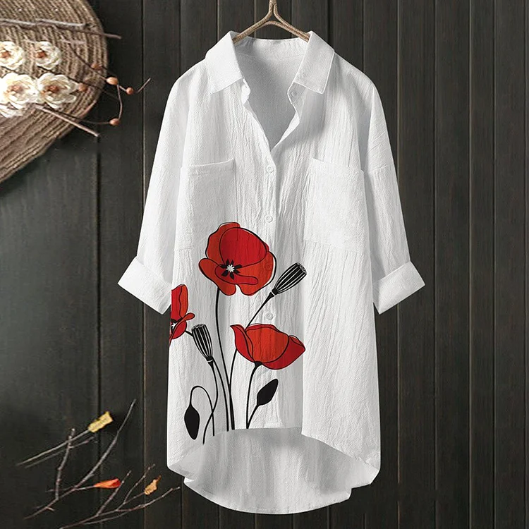 Floral Print Cotton Hemp Shirt Women Linen Blouse