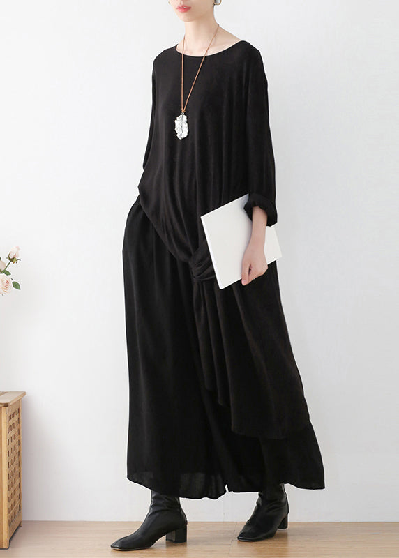 VCSHOES Loose Black O-Neck Asymmetrical Top And Wide Leg Pants Two Pieces Set Fall