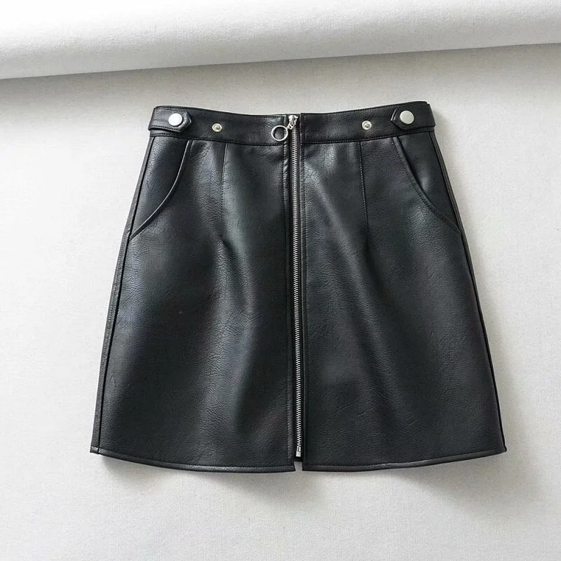 toppies black faux leather mini skirts front zipper high waist skirts Korean style streetwear winter clothes